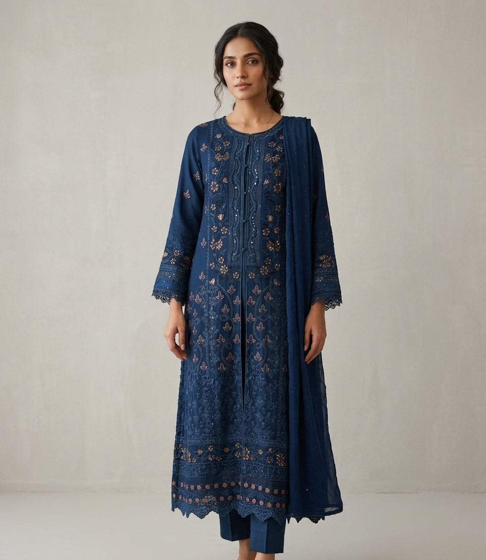 Embroidered 3 Piece Frock Style Suit