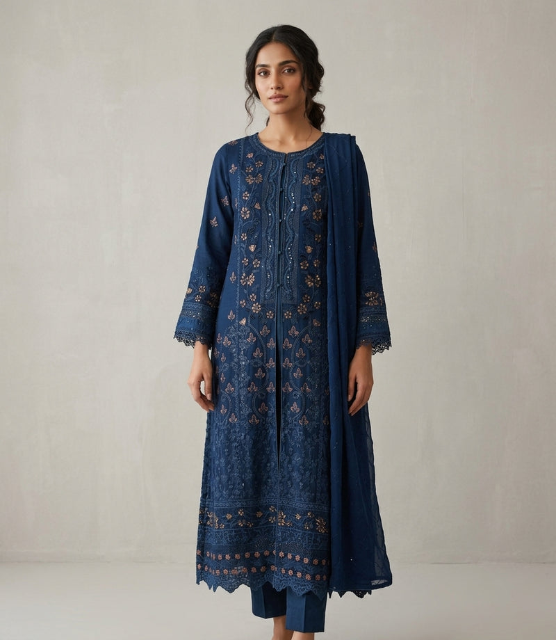 Embroidered 3 Piece Frock Style Suit