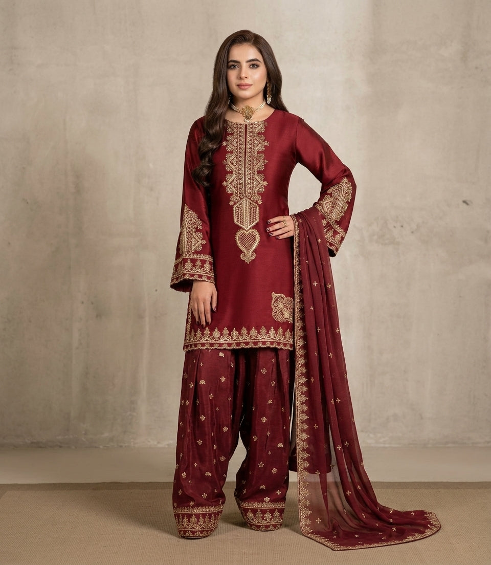 Embroidered Silk Suit 3Pc 1297m