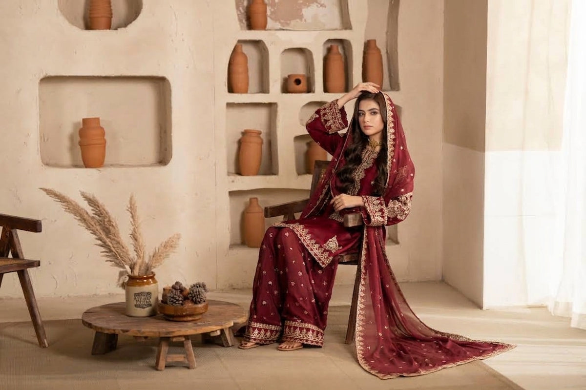 Embroidered Silk Suit 3Pc 1297m