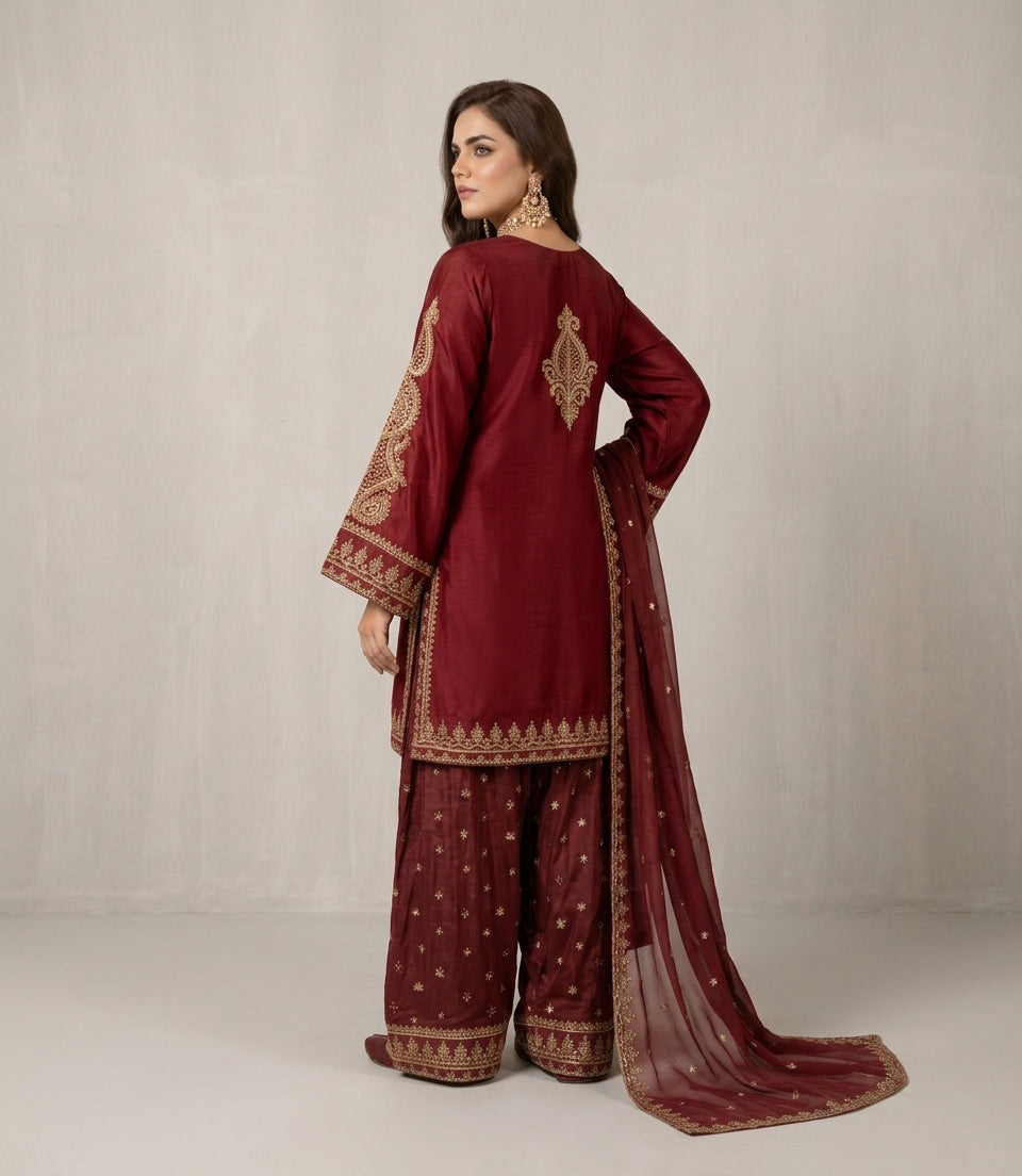 Embroidered Silk Suit 3Pc 1297m