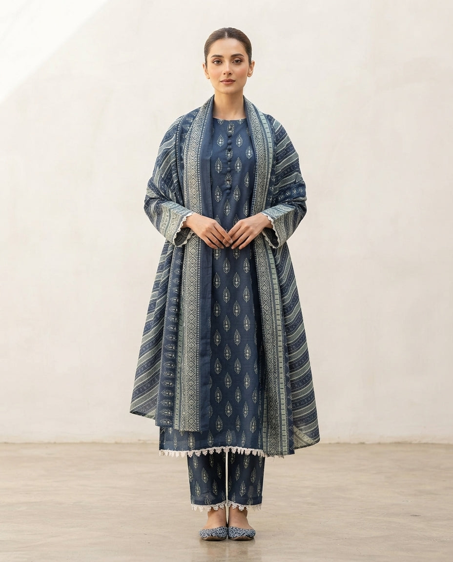 Printed Khaddar Suit 3Pc 1298q