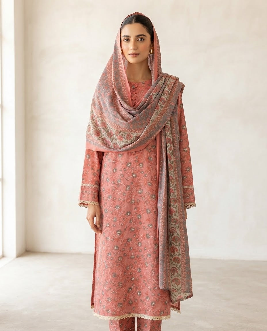 Printed Khaddar Suit 3Pc 1298p