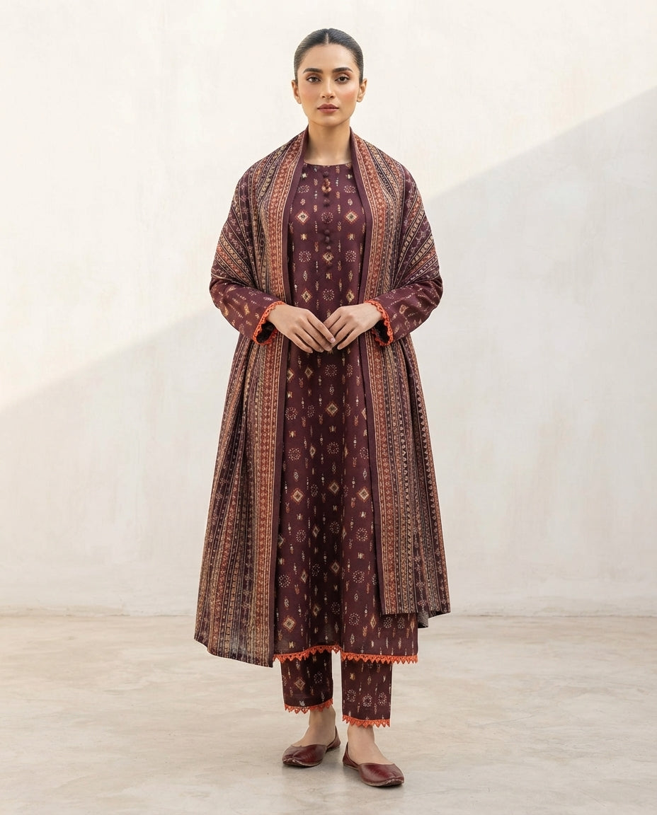 Printed Khaddar Suit 3Pc 1298m