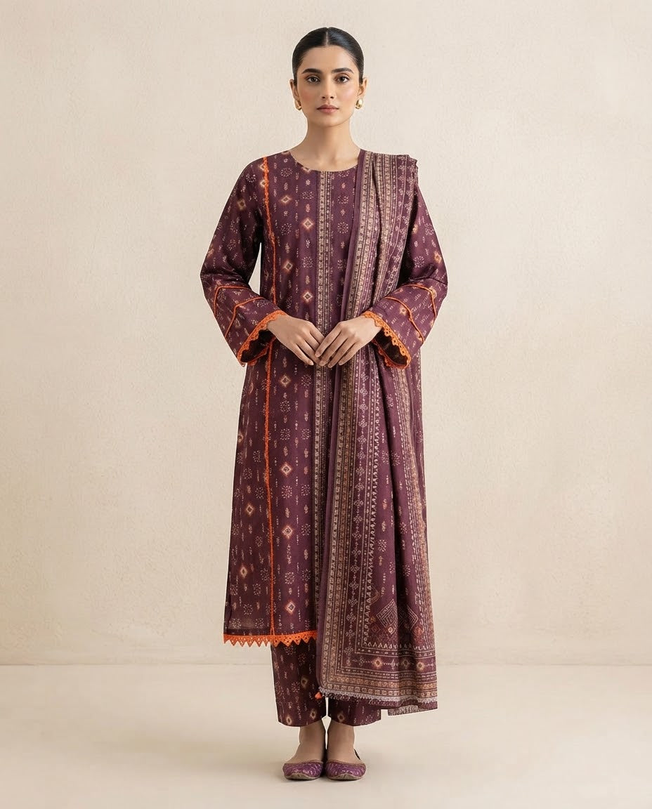 Printed Khaddar Suit 3Pc 1298m